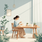 mujer tejiendo crochet en el comedor de su casa.